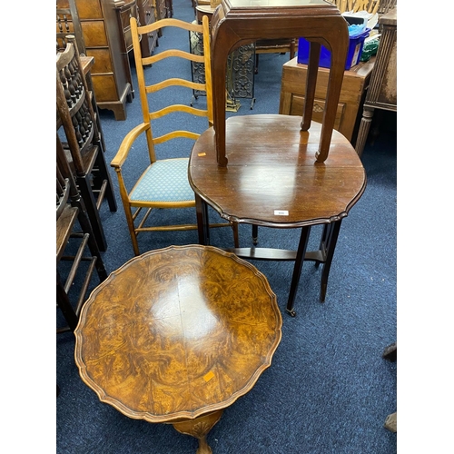 606 - Edwardian mahogany Sutherland table, also a ladderback open armchair, walnut piecrust edge occasiona... 