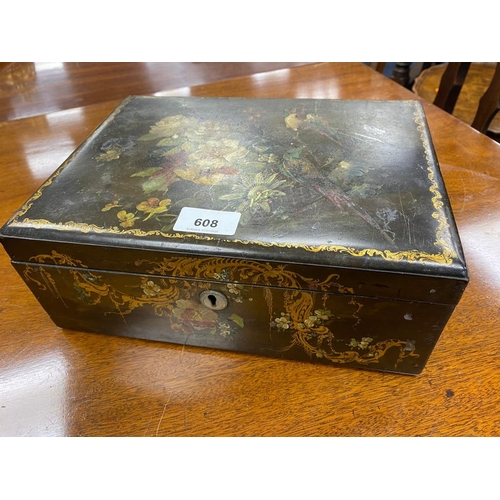 608 - Victorian painted and lacquered papier mache jewellery box in the style of Jennens & Bettridge, widt... 