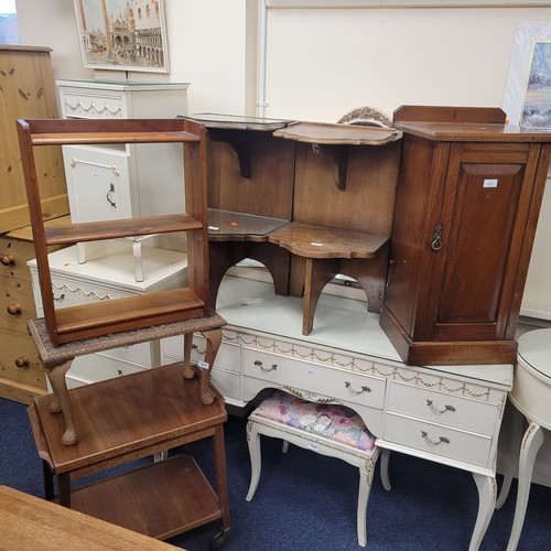 413 - CATALOGUE AMENDMENT - Victorian walnut pot cupboard and two walnut bedside tables, also a tea trolle... 