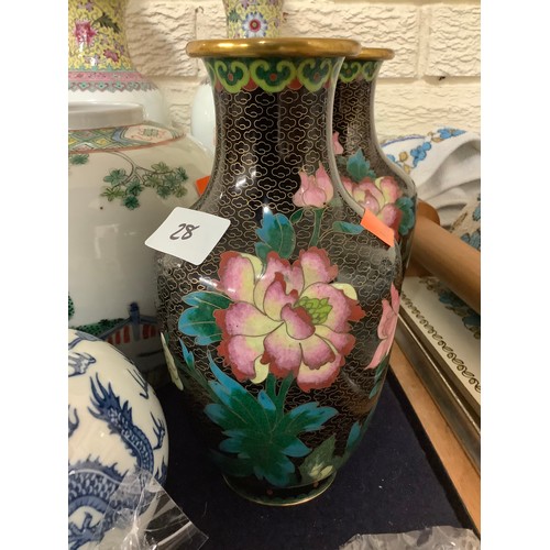 28 - Chinese Republic famille verte ginger jar, also a pair of Chinese Republic vases converted to lamps,... 