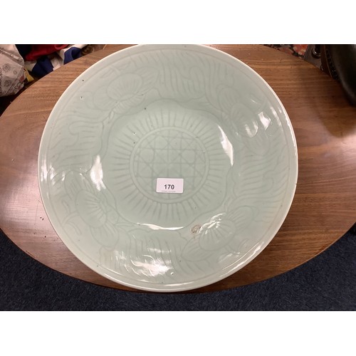 170 - Chinese celadon glazed shallow bowl, 20th Century, 34cm diameter