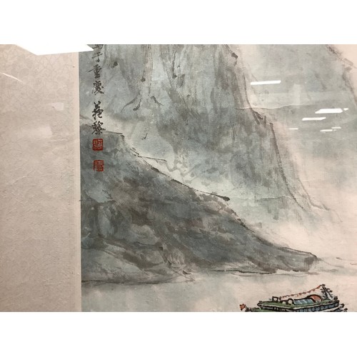 516 - Chinese School painting on silk of a river cruise on the Yangtze River, 45.5cm x 69cm