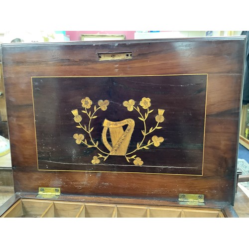 211 - Killarney yewood and arbutus inlaid sewing box, 34cm x 24cm x 11cm