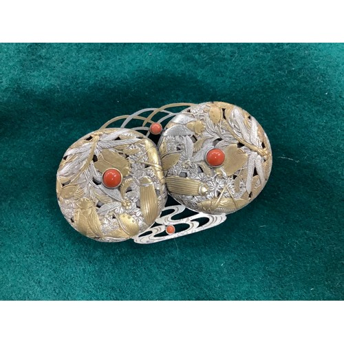 314 - Japanese gilded metal and coral inset buckle, 83mm; also an Arts and Crafts style bead set buckle in... 