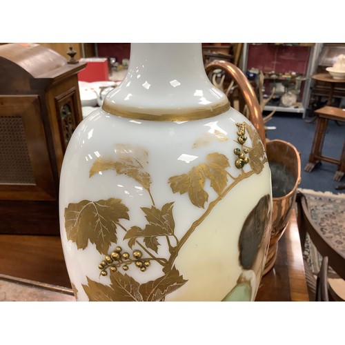 212 - Pair of French hand decorated opaline and gilded vases (one badly damaged), height 46cm