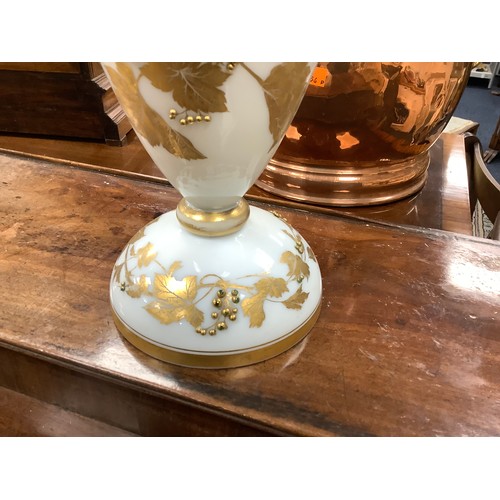 212 - Pair of French hand decorated opaline and gilded vases (one badly damaged), height 46cm