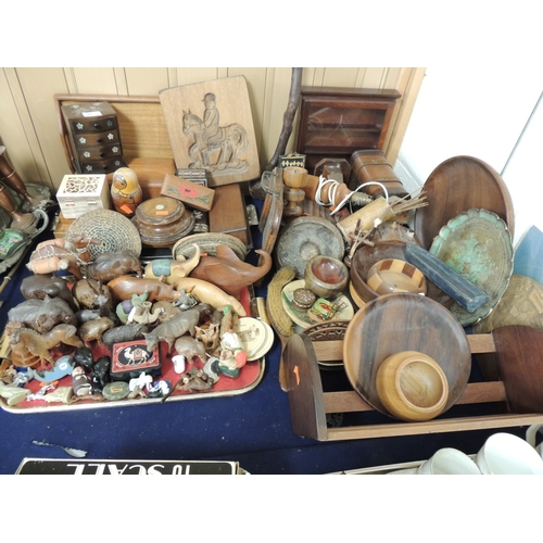 61 - Collection of treen including a carved wooden gingerbread mould, bookstand, numerous boxes, animalie... 