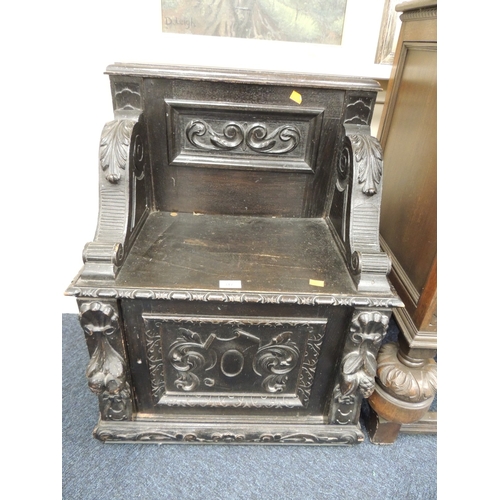 317 - Victorian carved and ebonised oak box seat, width 59cm, depth 36cm, height 80cm