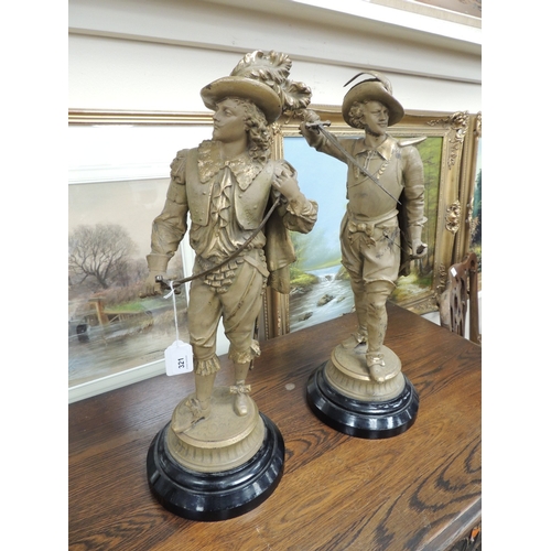 321 - Pair of French gilt painted spelter figures of cavaliers, height 52cm