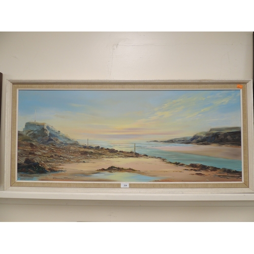 324 - Prudence Turner (1930-2007), Coastal sunset, signed oil on board, 46cm x 108cm