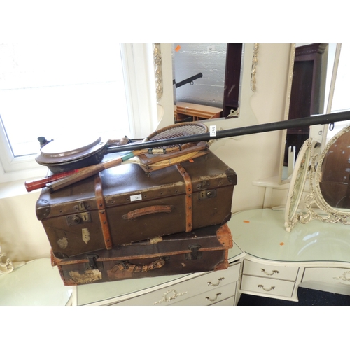 345 - Wooden bound trunk, old suitcase, tennis rackets and warming pan