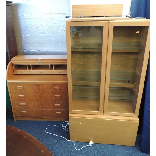 349 - Retro teak finish cylinder fronted bureau, width 90cm, also a light wood finish display cabinet (2)