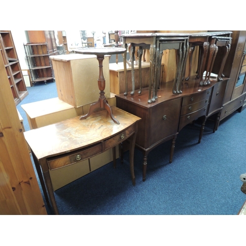 351 - Mahogany serpentine front sideboard, also two nests of tables, pedestal wine table and a bow fronted... 