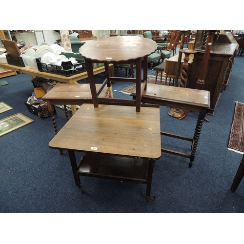 479 - Oak drop leaf tea trolley, also an oak bobbin turned side table, an oak barleytwist side table and a... 