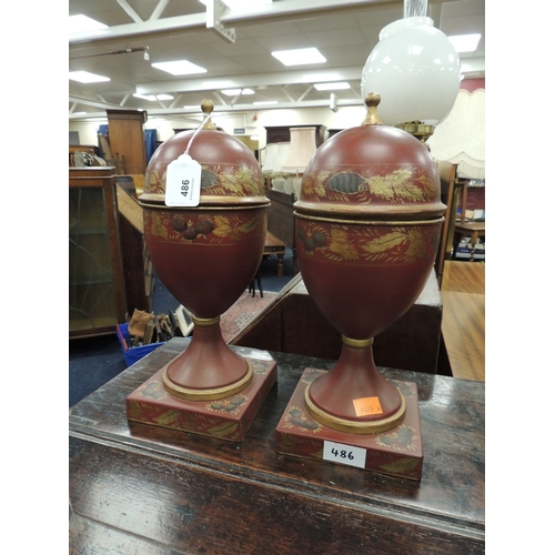 486 - Pair of Regency style painted toleware covered urns, height 34cm