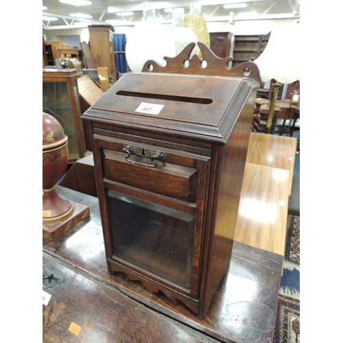 487 - Late Victorian oak hotel reception letterbox, height 45cm, width 24cm
(NB: We have found a key to op... 