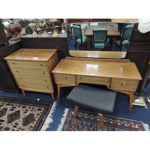 490 - AC Furniture retro walnut kneehole dressing table with stool, width 124cm, and matching chest of dra... 