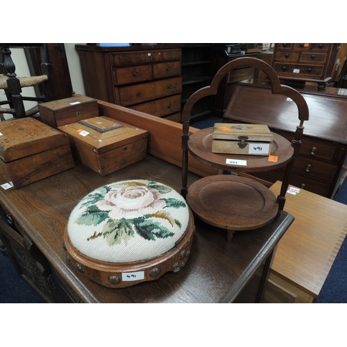 491 - Small mahogany two tier cake stand, also a Victorian walnut and needlework footstool and a Mauchelin... 