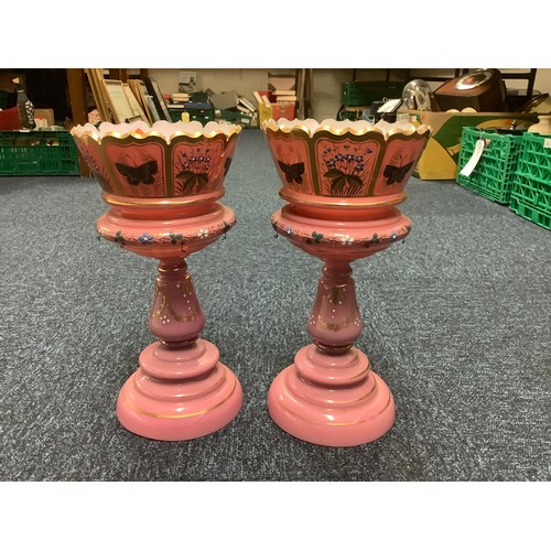 50 - Pair of Victorian enamelled pink glass vases, also a pair of Victorian green glass vases, other glas... 