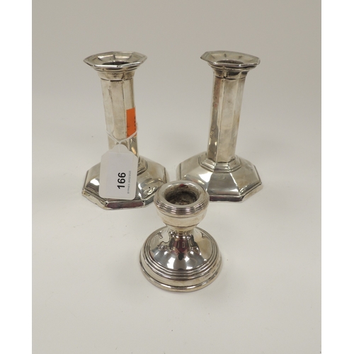 166 - Pair of Art Deco style silver dwarf candlesticks by Hamilton & Inches, Edinburgh hallmarks (rubbed) ... 