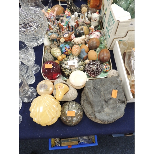 60 - Decorative items including hardstone and other ornamental eggs, serpentine paperweight, Selkirk Glas... 