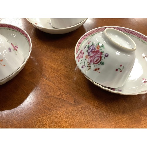 89 - Chinese famille rose porcelain teapot, matching milk jug, three tea bowls with saucers, two matching... 