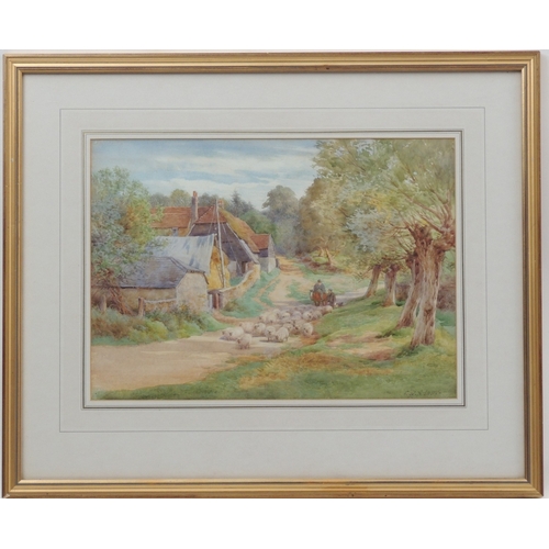 100 - Charles James Adams (1859-1931), Herding sheep on a country road, watercolour, signed, 28cm x 39cm