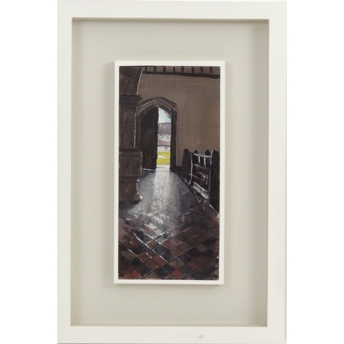 107 - Matthew Wood (Contemporary), Entrance, St. Bueno's Church, Berriew, oil on panel, inscribed verso (P... 