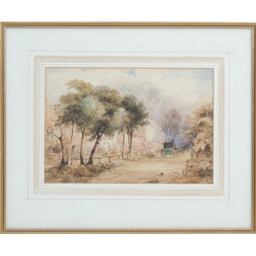 108 - English School (19th Century), Coach on a tree lined avenue, watercolour, apparently unsigned, 23cm ... 