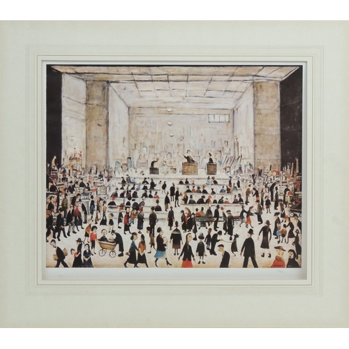 117 - After L S Lowry, Auction, posthumously printed limited edition coloured print, numbered 37/850, 45cm... 