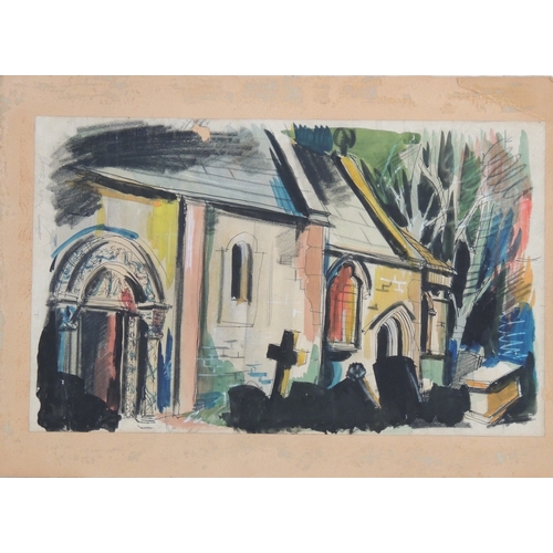 119 - Follower of John Piper, Exterior of a church, watercolour, black chalk, pen and ink on paper laid on... 