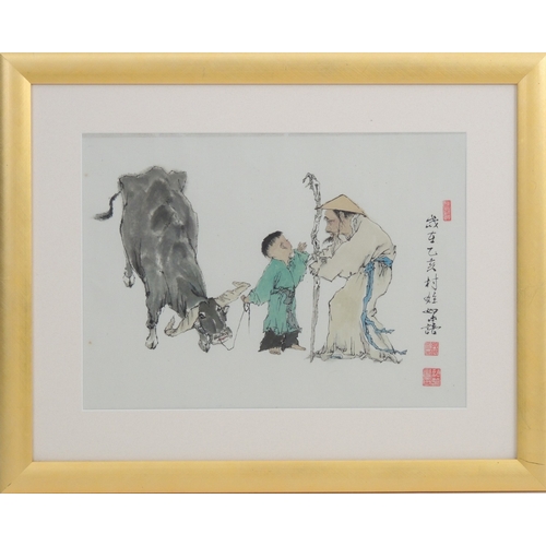 123 - Chinese School (late 20th Century), Boy meeting an elderly traveller, print and watercolour wash, 32... 