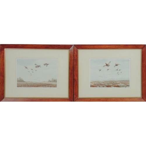 129 - J C Harrison, Pair, Red grouse and partridge in flight, coloured print, signed by the artist in penc... 