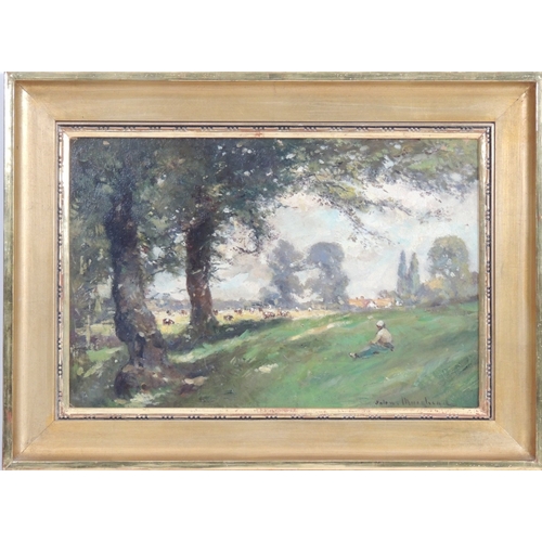 138 - John Muirhead (1863-1927), Resting under the shade of a tree, oil on board, signed, 30cm x 45cm