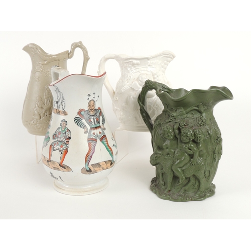 14 - Elsmore Cashmore Clown puzzle jug, circa 1879, height 24.5cm; also a Minton green stoneware moulded ... 