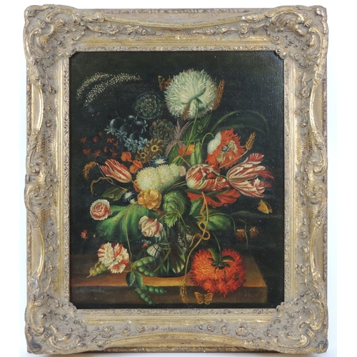 152 - After the Dutch Old Masters, Still life with tulips, roses and chrysanthemum on a ledge, oil on boar... 