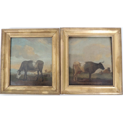 153 - Follower of Adriaen Van Der Velde (1636-72), Pair, Cattle within a landscape, oils on panel, bearing... 