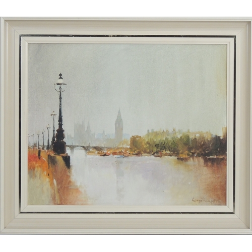 159 - George Thompson (1934-2019), Westminster from the South Bank, oil on canvas, signed, inscribed and d... 