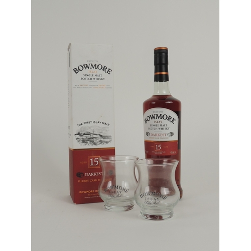 187 - Bowmore 15yr old Darkest Islay single malt whisky, 43% ABV/70cl, boxed, together with two Bowmore tu... 