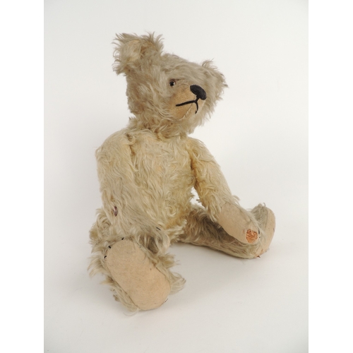 197 - Bing gold plush teddy bear, circa 1920-30, tin button to the outside of the right arm, original glas... 