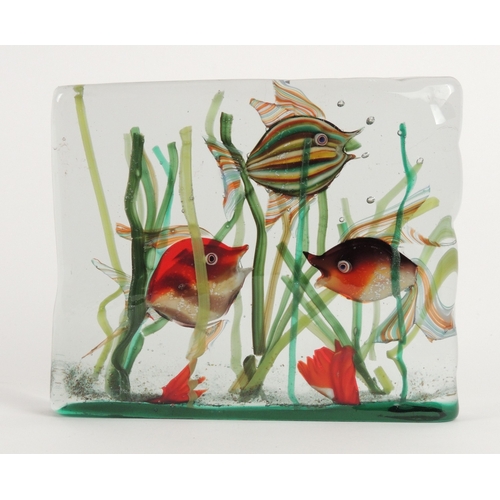 21 - Murano Aquarium glass sculpture, worked with fish swimming amidst weeds, 21cm x 17cm, depth  33mm