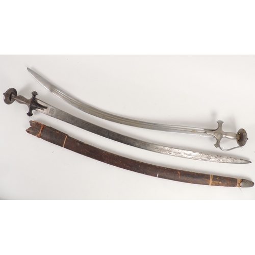 221 - Indian Talwar sword, with leather clad wooden scabbard, 102cm; also another Talwar sword with fuller... 