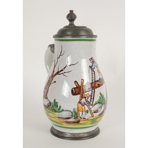 32 - German faience pewter mounted stein, 19th Century, decorated with woodmen in colours, height 23cm