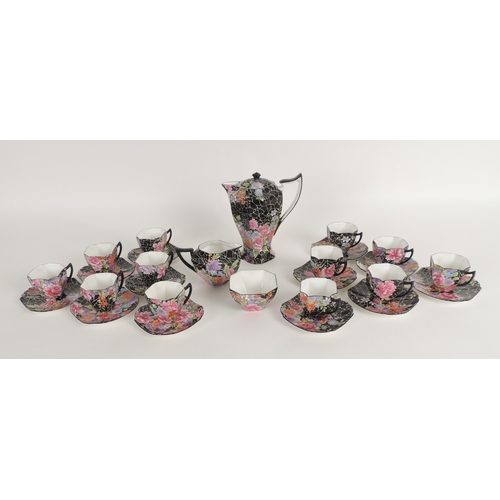 37 - Rare Shelley black crackle chintz pattern coffee service, number 2087, in Queen Anne shape, comprisi... 