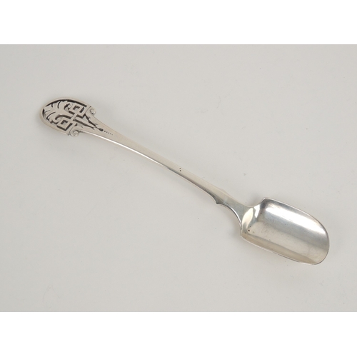 403 - Victorian silver cheese scoop, Sheffield 1879, with pierced anthemion and keyed haft, 20cm, weight a... 