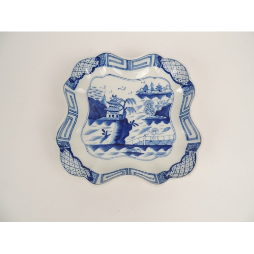 46 - Caughley porcelain blue and white square dish, circa 1780, decorated with a pavilion, rock and fence... 