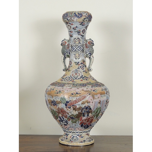 47 - Japanese earthenware vase in the Satsuma tradition, Taisho (1912-26), with cockerel handles, decorat... 