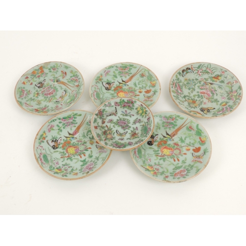 49 - Five Canton celadon ground famille rose plates, late 19th Century, 18.5cm diameter; also a similar s... 