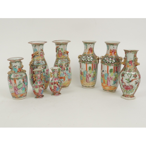 51 - Pair of Cantonese famille rose vases, decorated with figures, height 20.5cm; also another pair of Ca... 