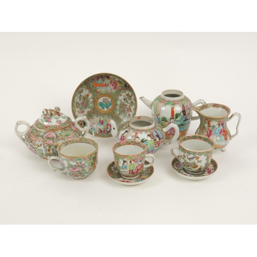 52 - Number of Canton famille rose tea wares, including two lidless teapots, the largest 10.5cm; milk jug... 